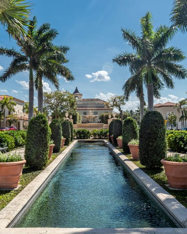 Palm Beach Town Hall reflecting pool lined with royal palms